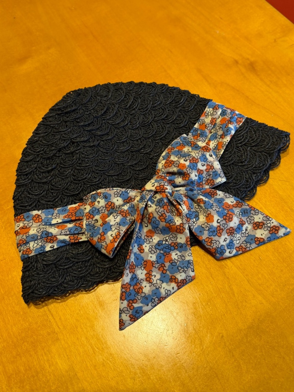 Black Crochet Cloche Hat with Floral Bow